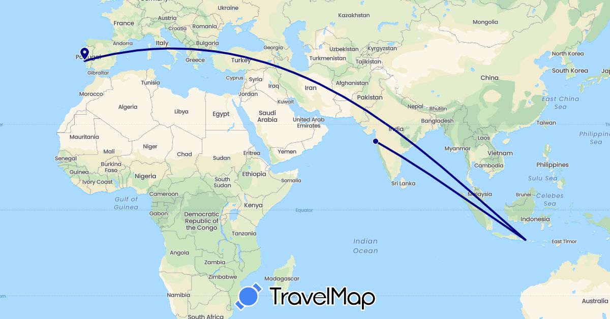 TravelMap itinerary: driving in Indonesia, India, Portugal (Asia, Europe)
